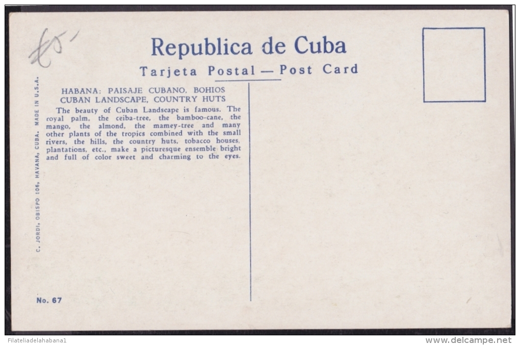 POS-91 CUBA CIRCA 1950 POSTCARD PAISAJE DEL CAMPO, BOHIOS. LANDSCAPE COUNTRY HUTS. UNUSED - Cuba