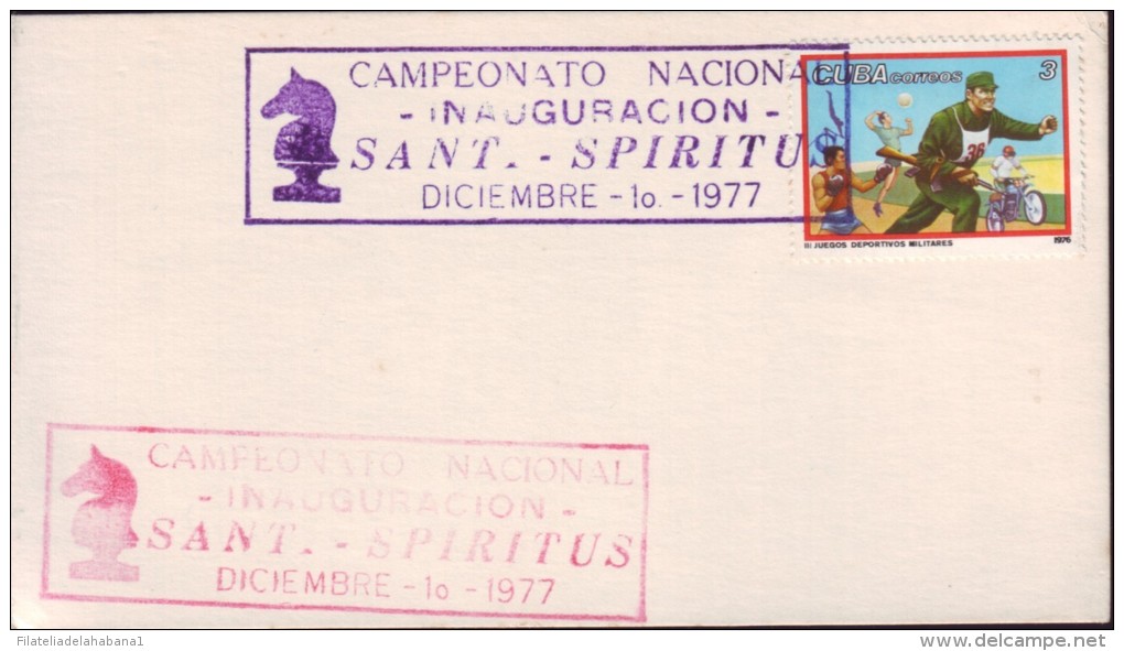 1977-CE-6 CUBA 1977 SPECIAL CANCEL SANCTI SPIRITUS CHESS AJEDREZ. CAMPEONATO NACIONAL. INAGURACION. - Covers & Documents