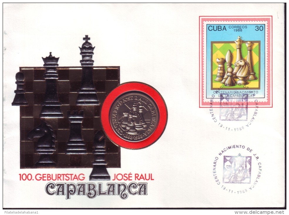 1988-CE-30 CUBA 1988. SPECIAL CANCEL  AND COIN. CHESS AJEDREZ.  CENTENARIO DE JOSE RAUL CAPABLANCA. - Briefe U. Dokumente