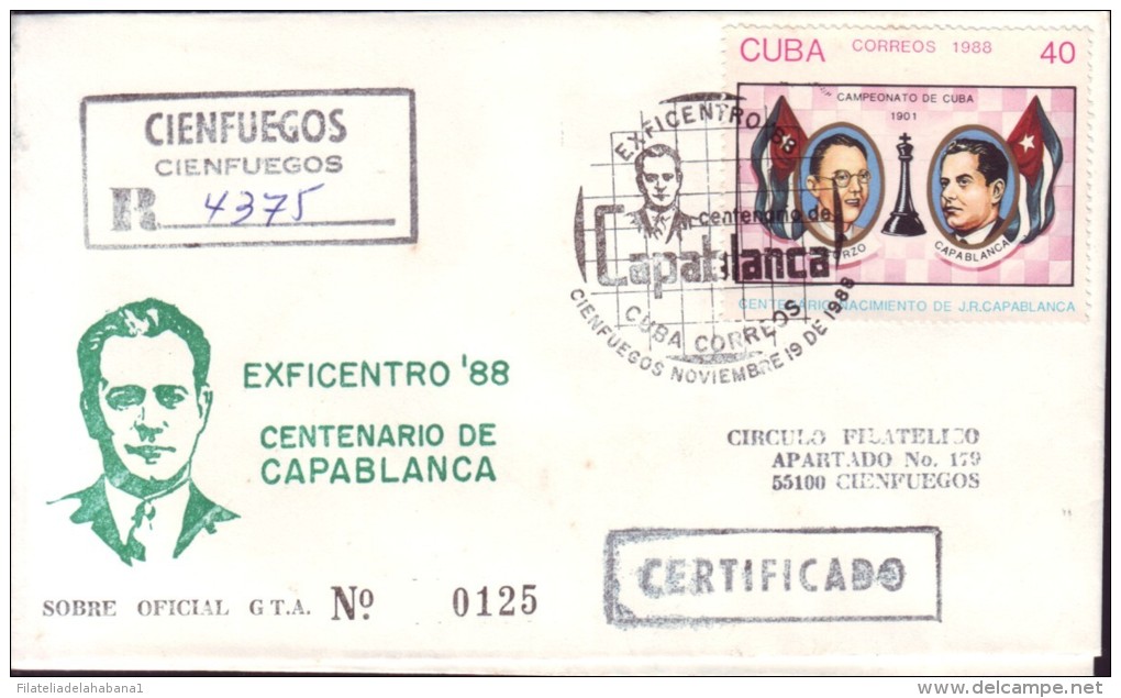 1988-CE-32 CUBA 1988. SPECIAL CANCEL CIENFUEGOS CHESS AJEDREZ.  CENTENARIO DE JOSE RAUL CAPABLANCA. EXFICENTRO. - Briefe U. Dokumente