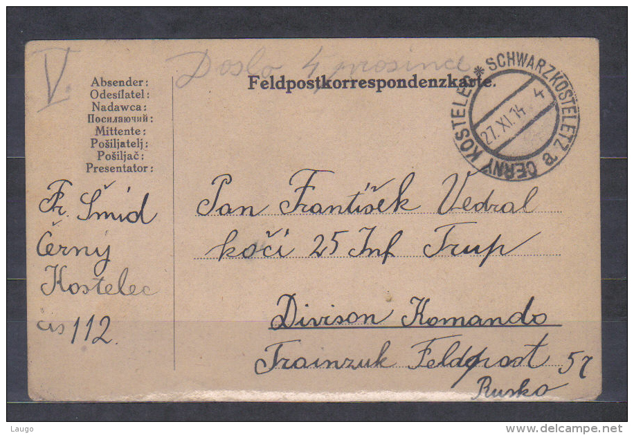 Czechoslovakia Field Post Card Posted Cerny Kostelec - Schwarzkosteletz 1914 To Division In Russia - ...-1918 Prefilatelia