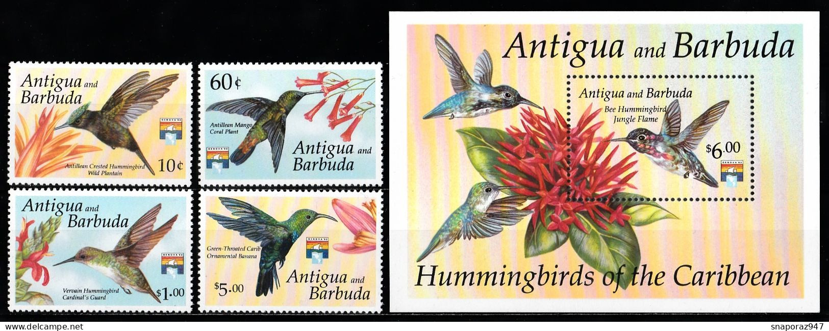 1992 Antigua & Barbuda Uccelli Birds Oiseaux Set + Block MNH** B594 - Kolibries