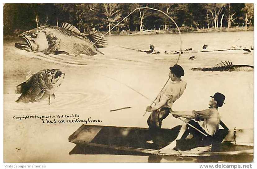 240881-Exaggeration, RPPC, I Had An Exciting Time, Fishing, W.H. Martin 1909 Photo - Photographs