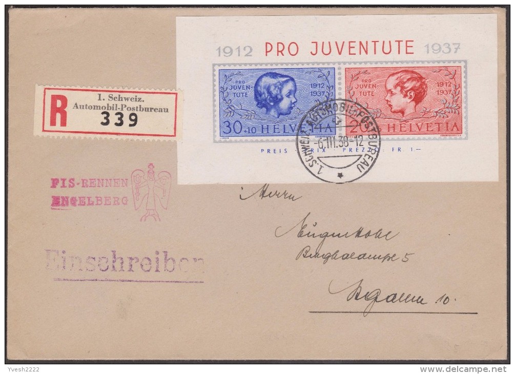 Suisse 1938 Y&T / Michel Bl. 3. Lettre Recommandée, Bureau Automobile. Cachet D'origine Engelberg, Courses FIS - Ski