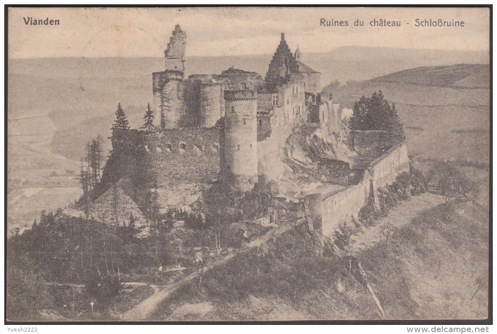 Luxembourg 1914 Y&T 90. 2 C Blason Sur Carte Postale Nationale Oblitérée Vianden. Vue Des Ruines Du Château - 1907-24 Scudetto