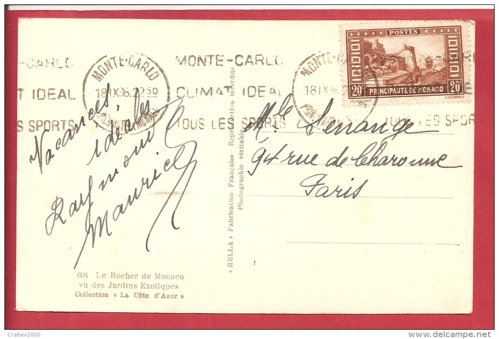 N°Y&T  N°120 MONTE CARLO          Vers   FRANCE   1936  2 SCANS - Storia Postale