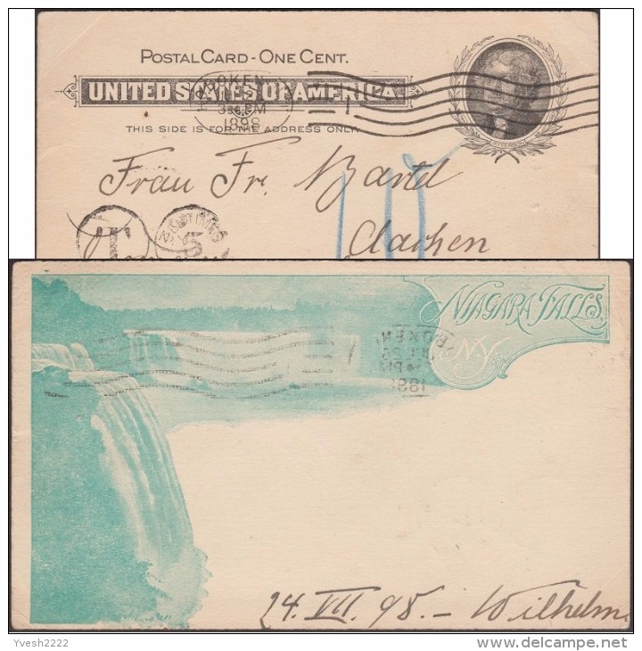 USA 1898. Entier Postal Taxé D'Hoboken à Aachen. Chutes Du Niagara, Vue Turquoise - Bergen