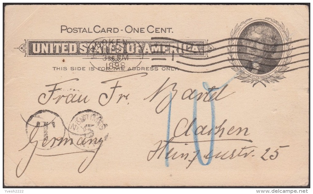 USA 1898. Entier Postal Taxé D'Hoboken à Aachen. Chutes Du Niagara, Vue Turquoise - Montagne