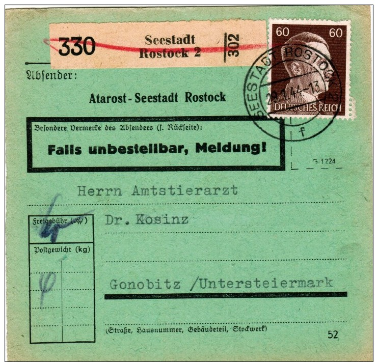 Dt. Reich 797 EF Portogenau Auf Paketkarte Von Seestadt Rostock 1944 N. Gonobitz, Steiermark - Briefe U. Dokumente