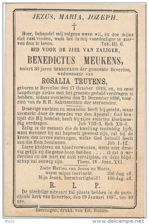 120.BENEDICTUS MEUKENS - SEKRETARIS DER GEMEENTE BEVERLOO - BEVERLOO 1819/1886 - Images Religieuses