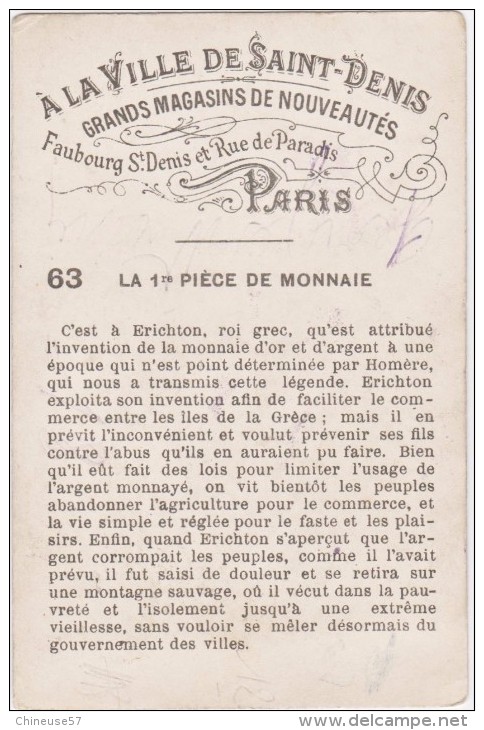 Chromo "a La Ville De Saint Denis- La 1ère Pièce De Monnaie-2 Photos - Autres & Non Classés