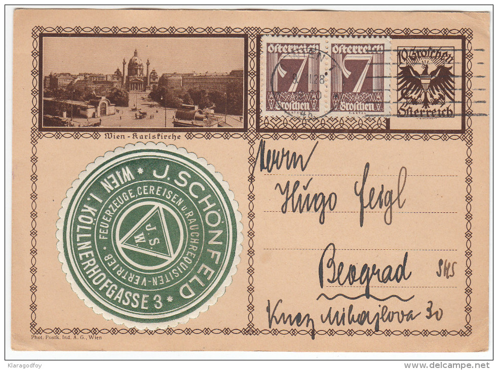 Austria Wien Illustrated Postal Stationery Postcard Postkarte Travelled 1928 Wien To Beograd Nice Sticker Bb151120 - Altri & Non Classificati