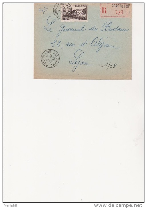 LETTRE RECOMMANDEE AFFRANCHIE N° 843 - CACHET A DATE  CONFOLENS -CHARENTE -26-12-1951 - 1921-1960: Modern Period