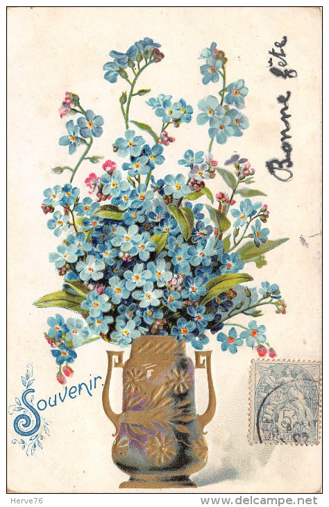 Cpa Fantaisie Gaufrée - Fleurs - Myosotis - Vase Doré - Fleurs