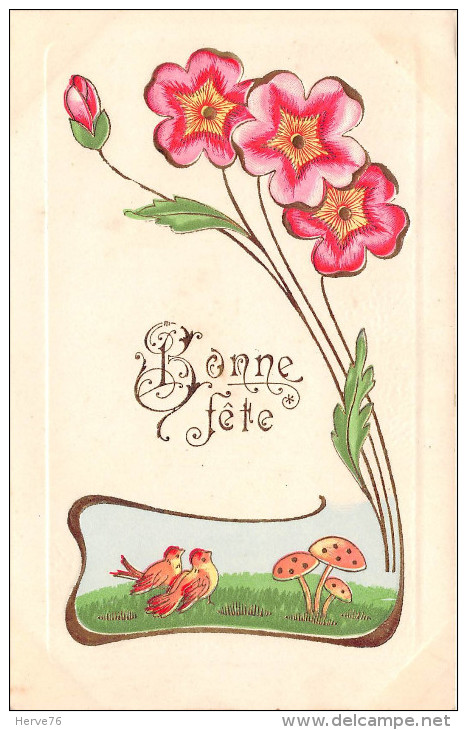 Cpa Fantaisie Gaufrée - Fleurs - Style Art Nouveau - Oiseau - Champignon - Fleurs