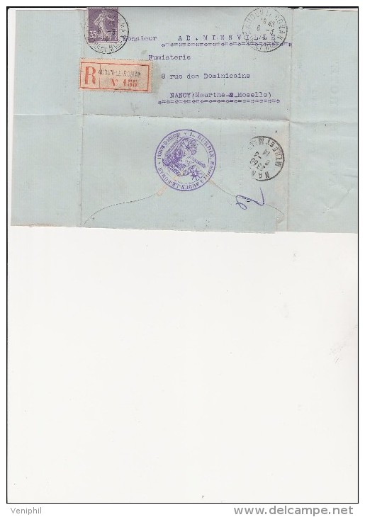 LETTRE RECOMMANDEE AFFRANCHIE N° 142 - OBLITEREE CAD -AUDUN LE ROMAN -MEURTHE ET MOSELLE- 1914 - 1877-1920: Semi Modern Period