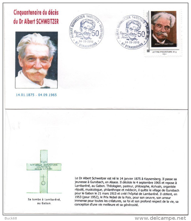 FRANCE 2015 FDC 1er Jour Timbre Personnalisé Albert SCHWEITZER Nobel 50ème Anniversaire Mort STRASBOURG (3) - Albert Schweitzer