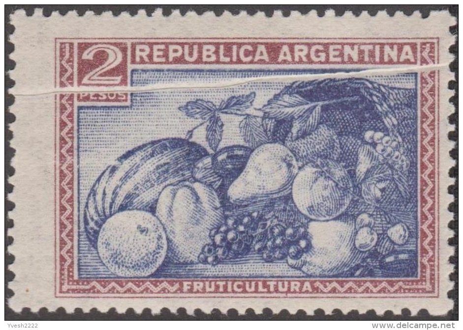 Argentine 1935 Y&T 381. Curiosité, Pli Accordéon. Fruits & Légumes : Poivron Melon Poire Orange Raisins Tomate Cerises - Légumes