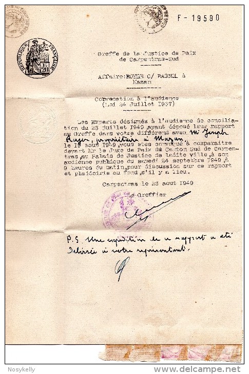 1949.Lettre De Convocation Recommandée Du Greffe De La Justice De Paix Carpentras-Sud- 84 Pour Mazan.TP Gandonx5 - 1921-1960: Période Moderne