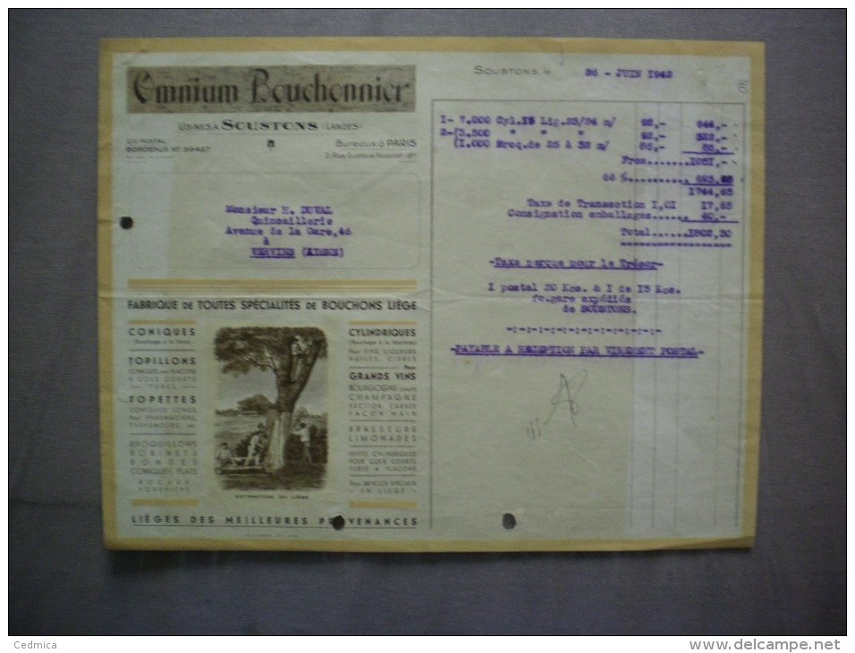 SOUSTONS LANDES OMNIUM BOUCHONNIER FABRIQUE DE TOUTES SPECIALITES DE BOUCHONS LIEGE FACTURE DU 26 JUIN 1942 - 1900 – 1949