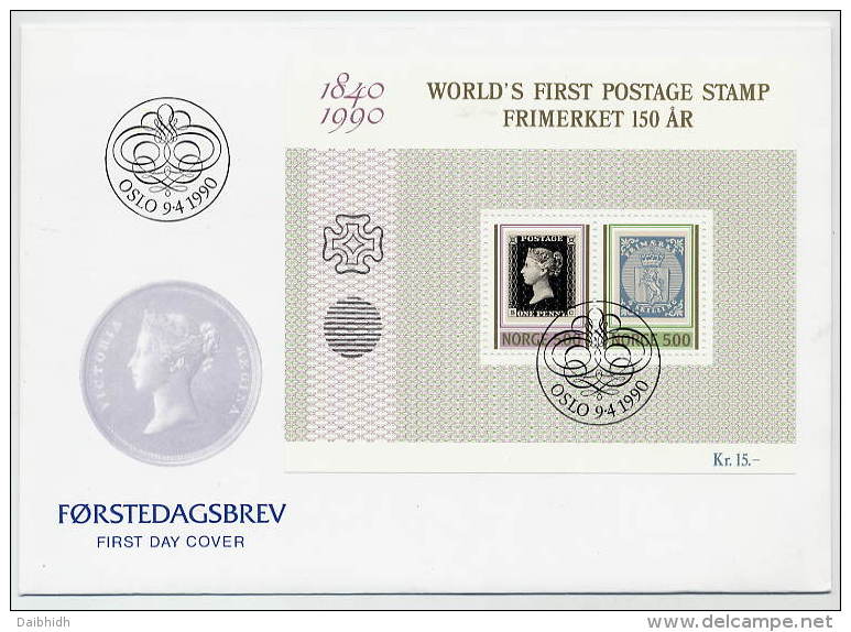 NORWAY 1990 Anniversary Of First Stamp Block On FDC.  Michel Block 13 - FDC