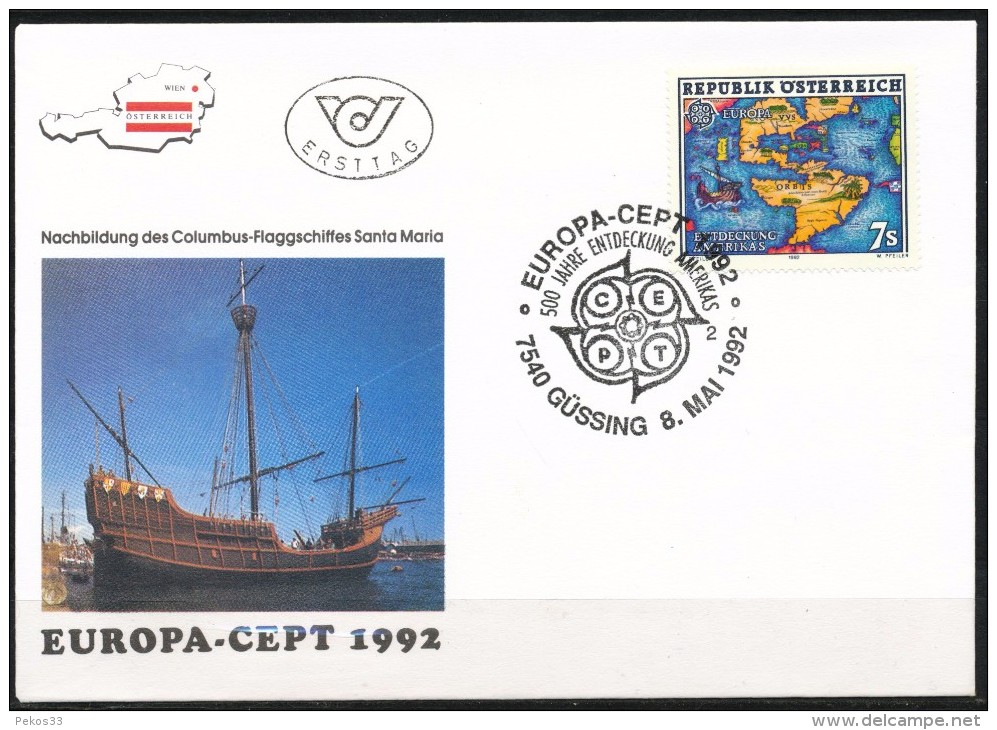 Österreich-   - FDC -1992  -  Mi.Nr.    2062  -   500. Jahrestag Der Entdeckung Von Amerika - FDC