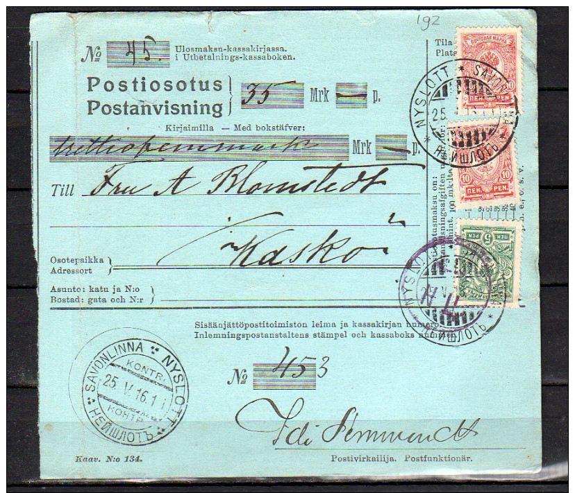Money Order 1916SAVONLINNA > KASKÖ!! Agnes Blomstedt  (f71) - Covers & Documents