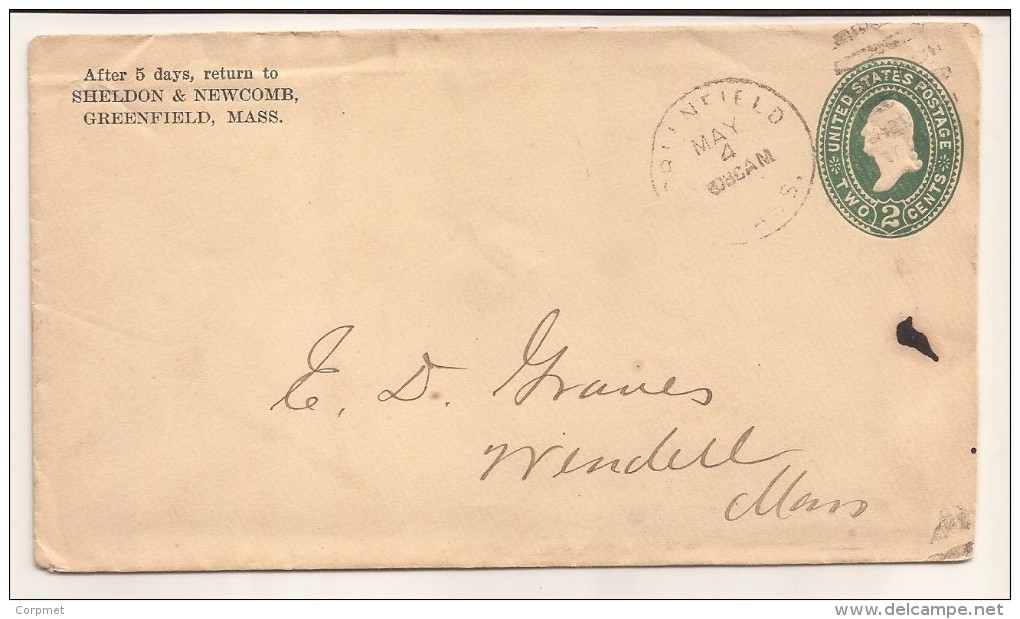 US - 1896 ENTIRE 2c COVER From GREENFIELD, MASS TO WENDELL - ...-1900