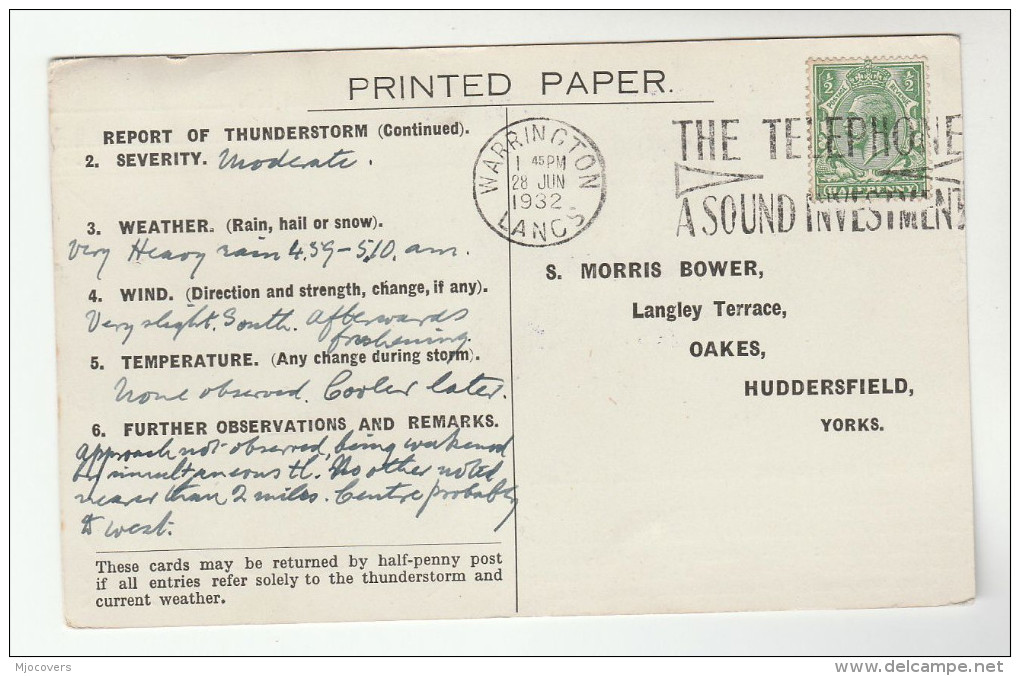 1932 Warrington GB Stamps COVER SLOGAN Pmk  TELEPHONE A SOUND INVESTMENT (postcard, Meteorology Report) Gv Telecom - Telecom