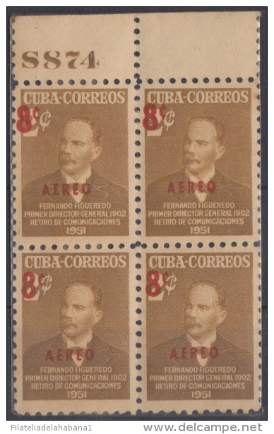 1952-124 CUBA 1952 REPUBLICA Ed.481. FIGEREDO HABILITADO. BLOCK 4 PLATE No. GOMA MANCHADA. - Neufs