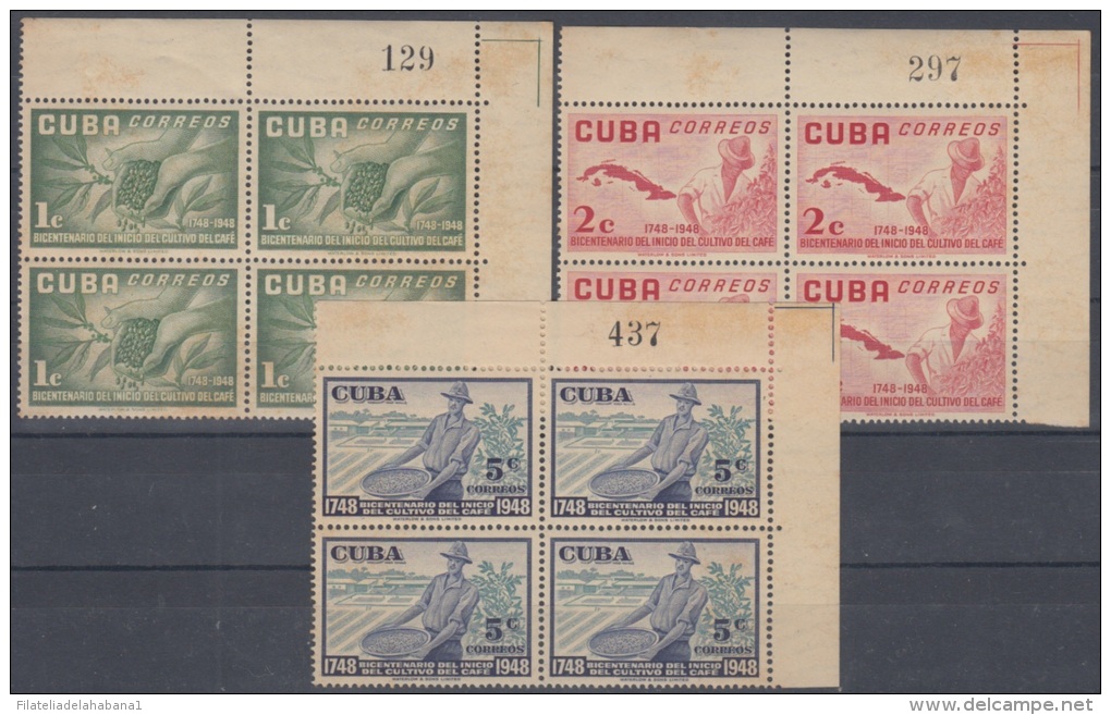 1952-127 CUBA 1952 REPUBLICA Ed.502-04. CENTENARIO DEL CAFE. SET BLOCK 4 SHEET No. GOMA MANCHADA. - Ungebraucht