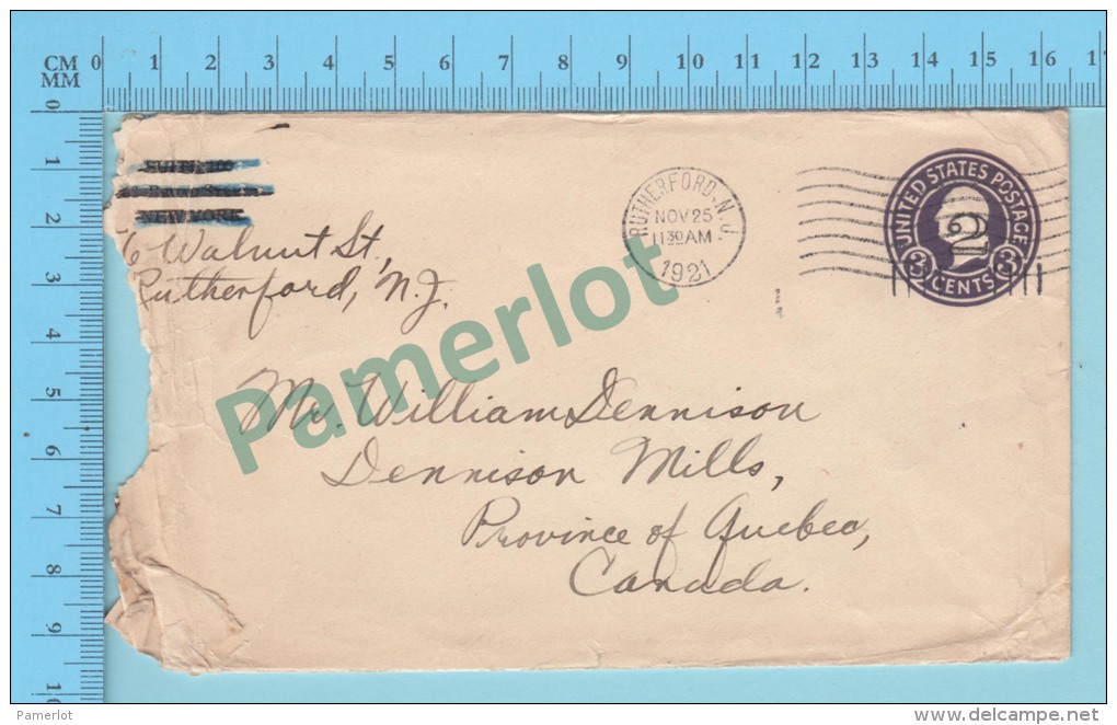 USA 1921 (  Entier Postal - Embossed Postal Stationery , 3 C, Cover Rutherford N.J 1921 To Dennison Mills  )  2 Scans - 1921-40