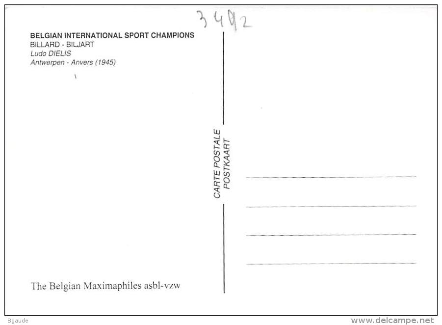 BELGIQUE CARTE MAXIMUM   NUM.YVERT  3488 SPORT BILLARD CHAMPIONNAT DU MONDE - 2001-2010