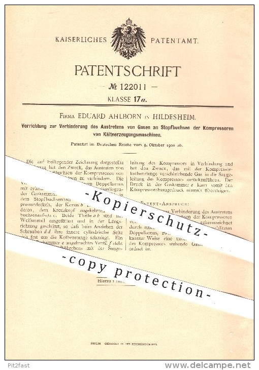 Original Patent - Eduard Ahlborn In Hildesheim , 1900 , Austritt Von Gas An Kompressoren Von Kälteerzeugungsmaschinen ! - Historical Documents