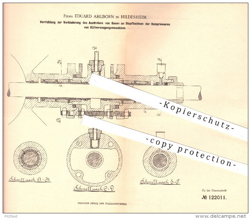 Original Patent - Eduard Ahlborn In Hildesheim , 1900 , Austritt Von Gas An Kompressoren Von Kälteerzeugungsmaschinen ! - Historical Documents