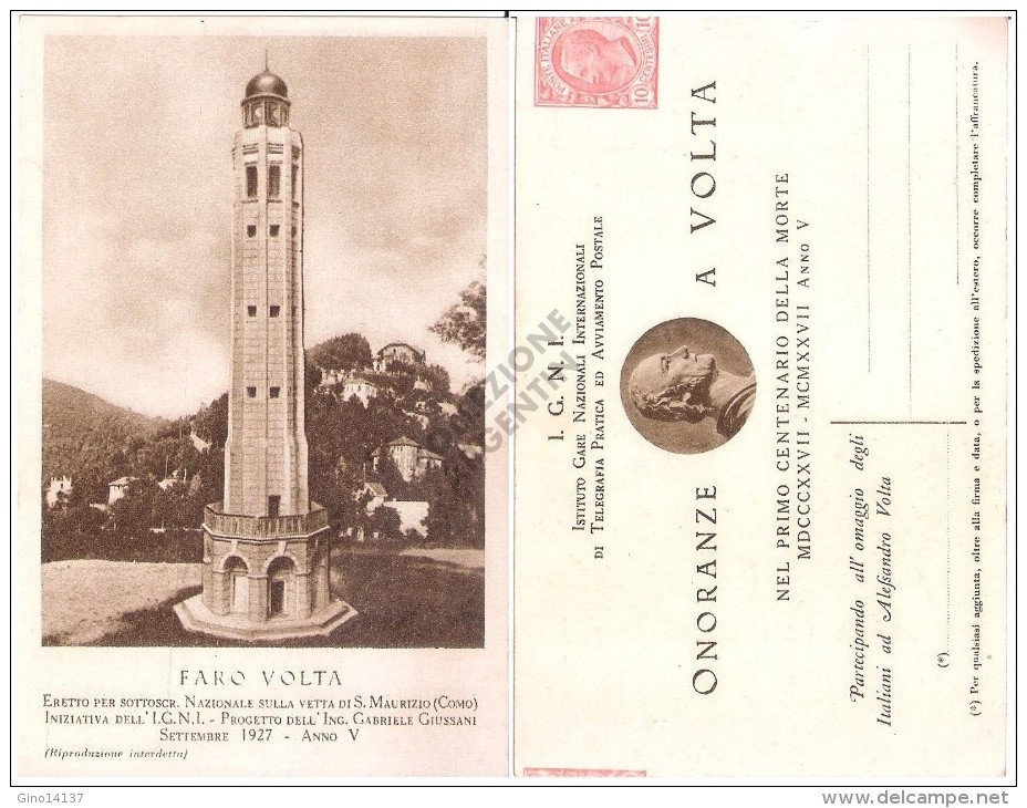 Cartolina Postale: FARO Eretto Per Il CENTENARIO Della MORTE Di VOLTA (1927) - Funérailles