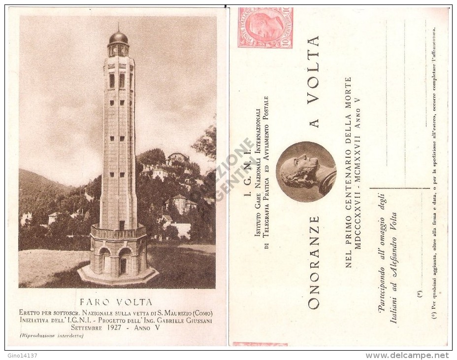 Cartolina Postale: FARO Eretto Per Il CENTENARIO Della MORTE Di VOLTA (1927) - Funerali
