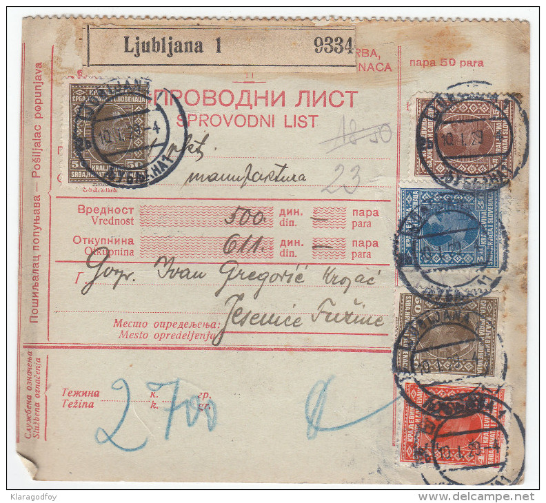 Yugoslavia Kingdom 1929 Sprovodni List - Parcel Card Ljubljana - Jesenice-Fužine B151120 - Lettres & Documents