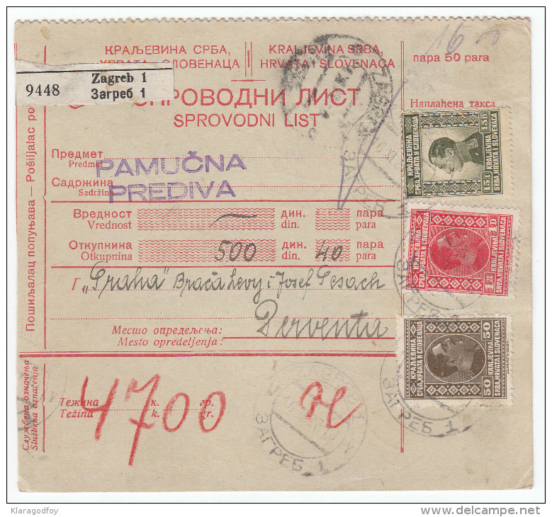 Kingdom SHS 1927 Sprovodni List - Parcel Card Zagreb - Derventa B151120 - Altri & Non Classificati