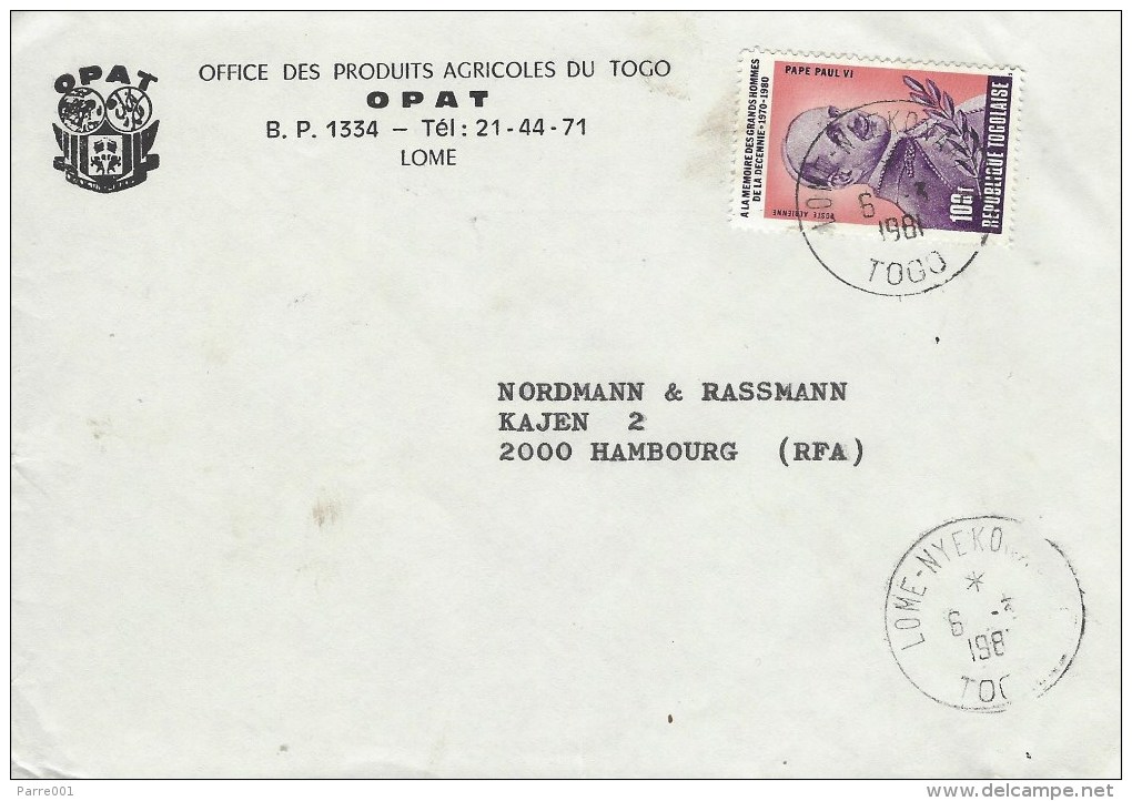 Togo 1981 Lome Nyekokakpe Pope Paul VI Cover - Togo (1960-...)