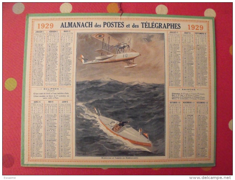 Almanach Des PTT. Paris. Calendrier Poste, Postes Télégraphes.1929. Hydravion Vedette - Grand Format : 1941-60