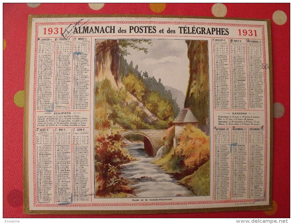 Almanach Des PTT. Calendrier Poste, Postes Télégraphes.1931. Route De La Grande Chartreuse - Big : 1921-40