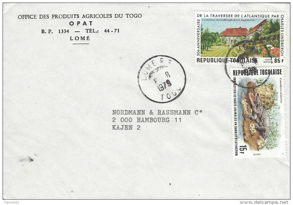 Togo 1979 Lome Nile Crocodile Aviation Charles Lindbergh Cover - Togo (1960-...)