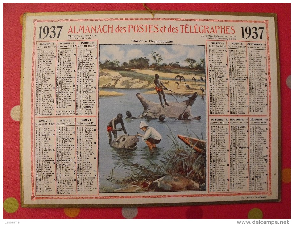 Almanach Des PTT.  Mayenne Laval. Calendrier Poste, Postes Télégraphes.1937. Chasse à L'hippopotame - Grand Format : 1941-60