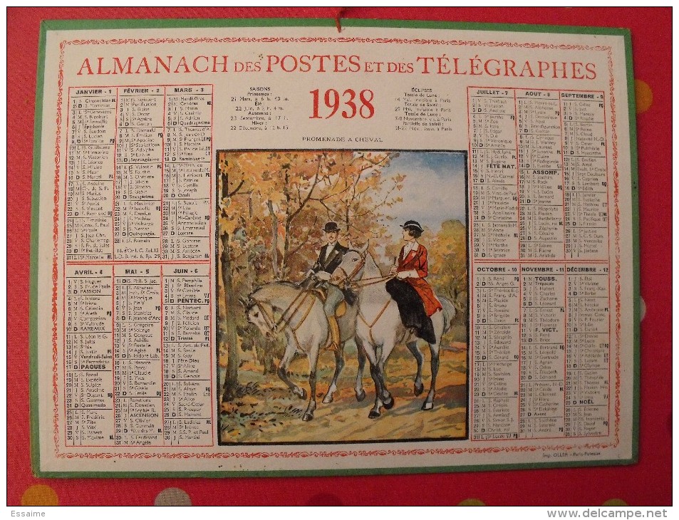 Almanach Des PTT.  Calendrier Poste, Postes Télégraphes.1938. Promenade à Cheval - Formato Grande : 1921-40