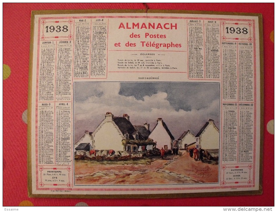 Almanach Des PTT.  Calendrier Poste, Postes Télégraphes.1938. Saint Guénolé - Tamaño Grande : 1921-40