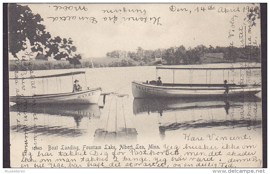 United States PPC Boat Landing, Fountain Lake, Albert Lea, Minn. Simple Backside 1906 Sent To Denmark (2 Scans) - Autres & Non Classés