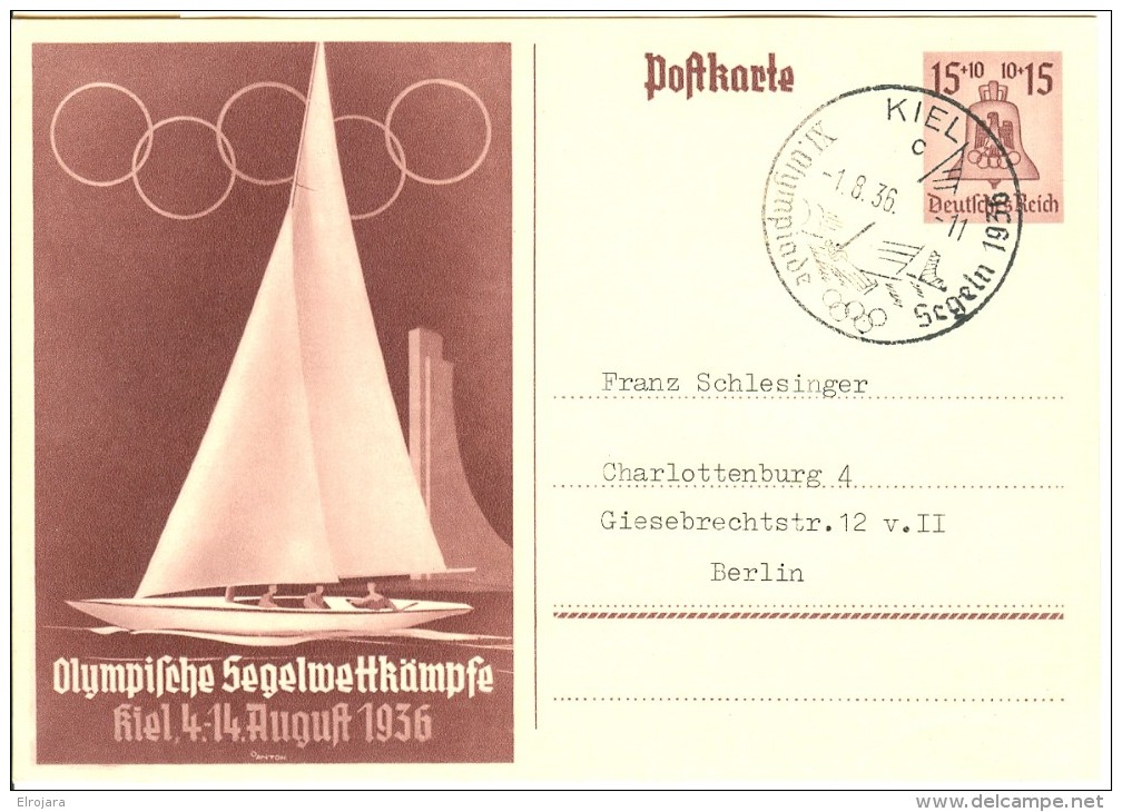 GERMANY Stationery For The Sailing Matches In Kiel With First Day Cancel KIEL C - Ete 1936: Berlin