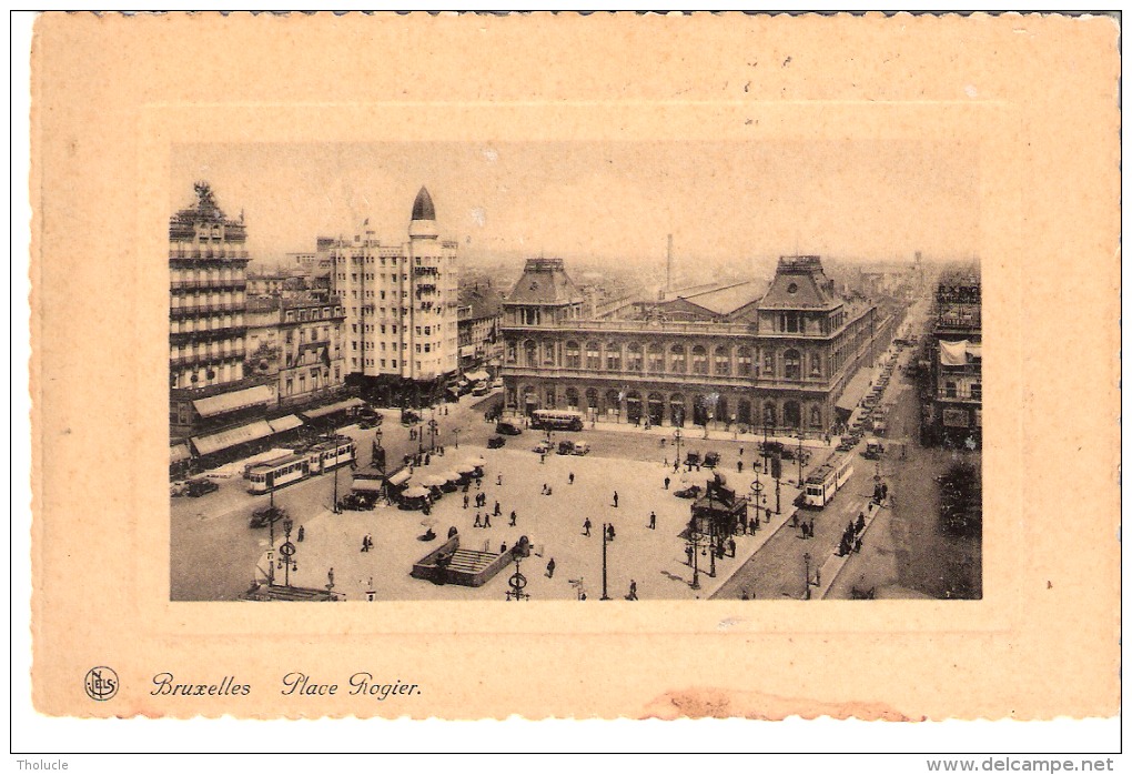 Bruxelles-+/-1920- Place Rogier Et Gare Du Nord-Tram-Tramway-Autobus-cadre En Relief (voir Scan) - Spoorwegen, Stations