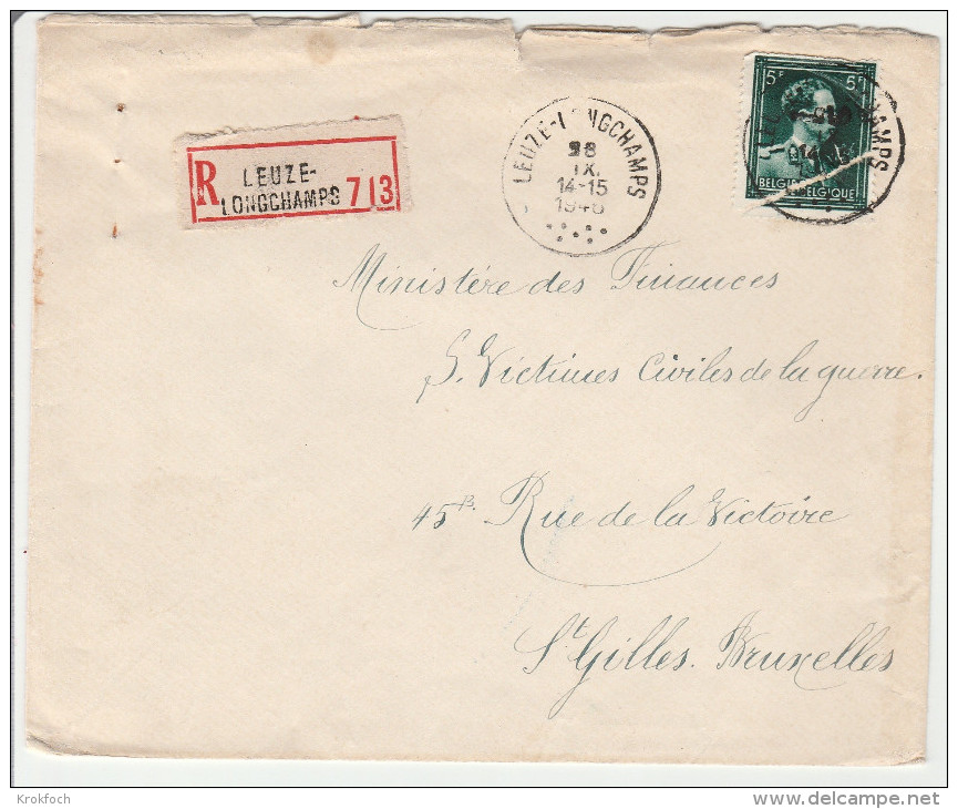 Leuze Longchamps 1948 - Lettre Recommandée Avec étiquette - Cachet à Points - Timbre Déchiré Sur L'enveloppe - Postmarks - Points